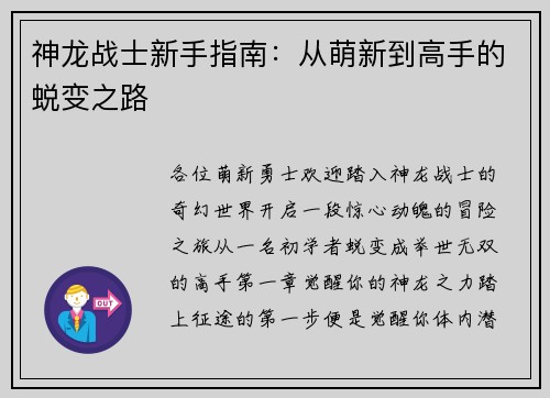神龙战士新手指南：从萌新到高手的蜕变之路